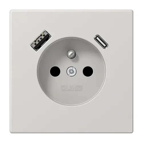 JUNG LS 1520 F-15 CA LG wandcontactdoos penaarde Safety+ met USB type A en C LS990 lichtgrijs