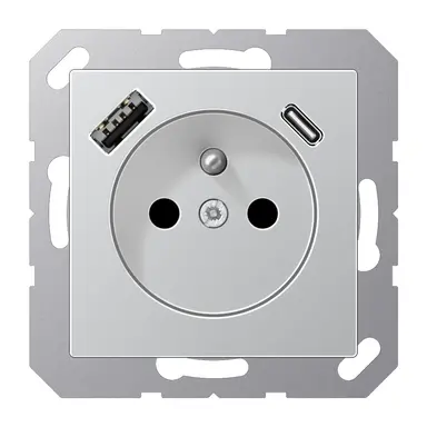 JUNG A 1520 F-15 CA AL wandcontactdoos penaarde Safety+ met USB type A en C A-range aluminium