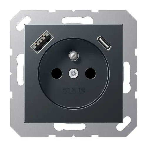JUNG A 1520 F-15 CA ANM wandcontactdoos penaarde Safety+ met USB type A en C A-range antraciet mat