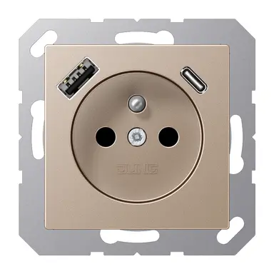 JUNG A 1520 F-15 CA CH wandcontactdoos penaarde Safety+ met USB type A en C A-range champagne