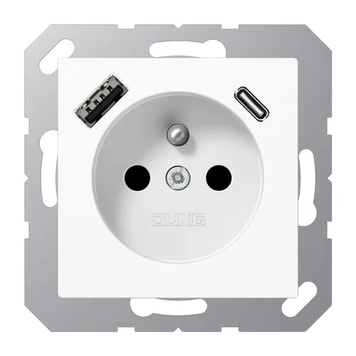 JUNG A 1520 F-15 CA WW wandcontactdoos penaarde Safety+ met USB type A en C A-range alpine wit