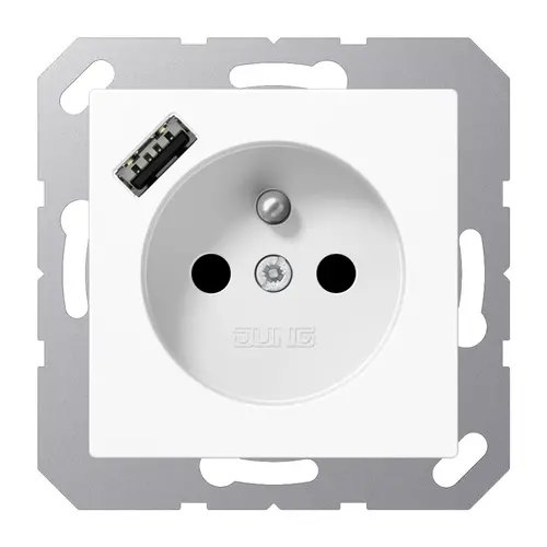 JUNG A 1520 F-18 A WW wandcontactdoos penaarde Safety+ met USB type A A-range alpine wit