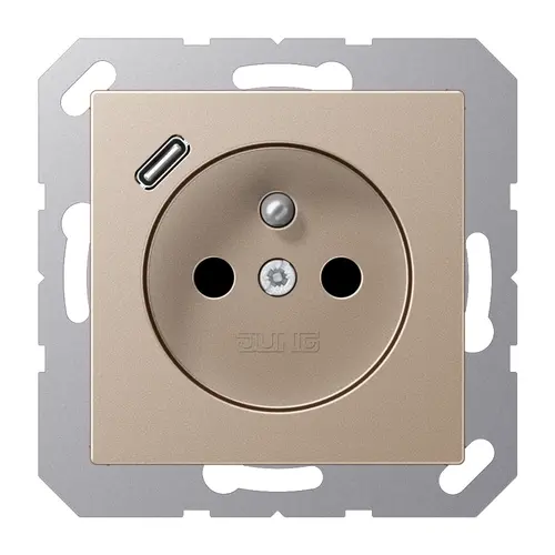JUNG A 1520 F-18 C CH wandcontactdoos penaarde Safety+ met USB type C A-range champagne