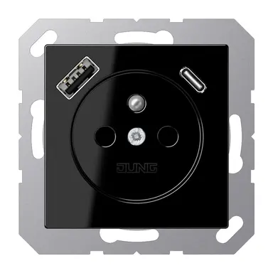 JUNG A 1520 F-15 CA SW wandcontactdoos penaarde Safety+ met USB type A en C A-range zwart glans