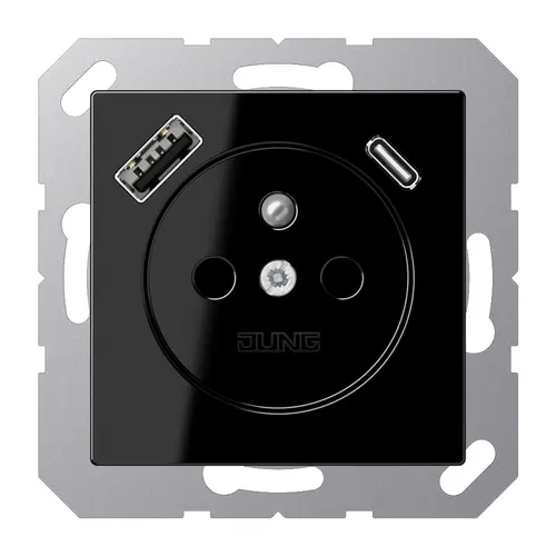JUNG A 1520 F-15 CA SW wandcontactdoos penaarde Safety+ met USB type A en C A-range zwart glans