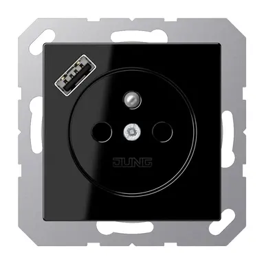 JUNG A 1520 F-18 A SW wandcontactdoos penaarde Safety+ met USB type A A-range zwart glans