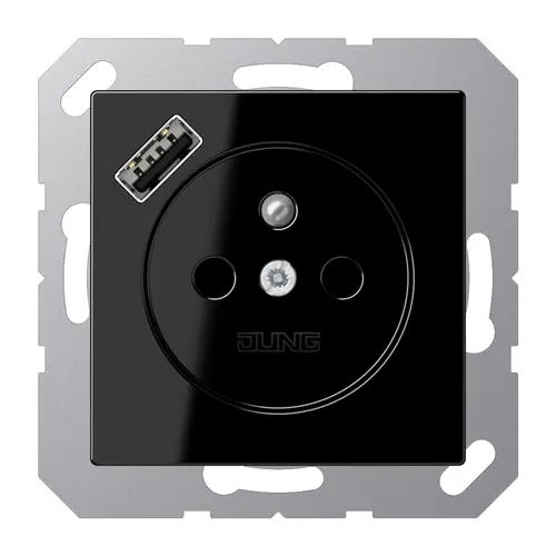 JUNG A 1520 F-18 A SW wandcontactdoos penaarde Safety+ met USB type A A-range zwart glans