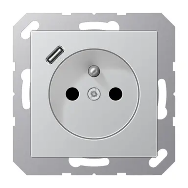 JUNG A 1520 F-18 C AL wandcontactdoos penaarde Safety+ met USB type C A-range aluminium