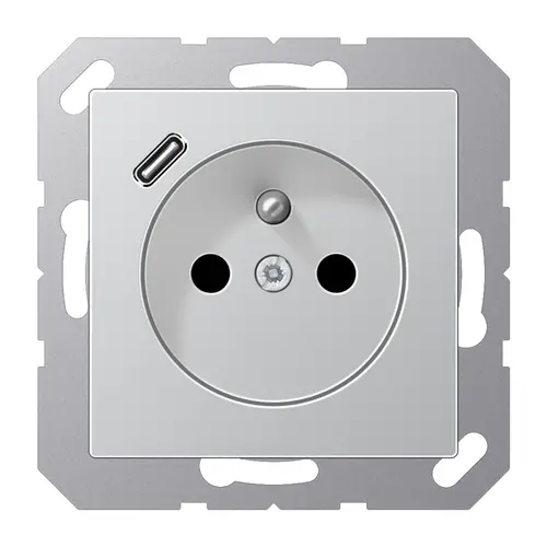 JUNG A 1520 F-18 C AL wandcontactdoos penaarde Safety+ met USB type C A-range aluminium