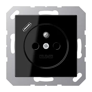 JUNG A 1520 F-18 C SW wandcontactdoos penaarde Safety+ met USB type C A-range zwart glans