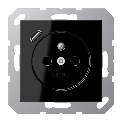 JUNG A 1520 F-18 C SW wandcontactdoos penaarde Safety+ met USB type C A-range zwart glans