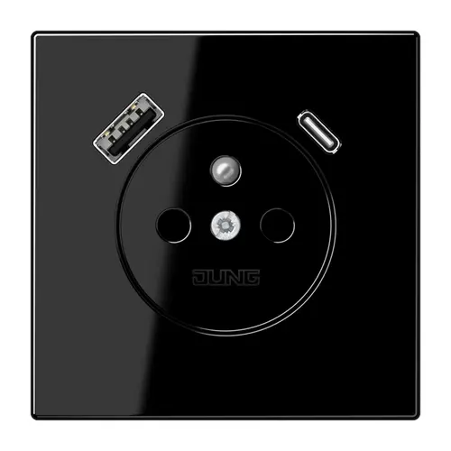 JUNG LS 1520 F-15 CA SW wandcontactdoos penaarde Safety+ met USB type A en C LS990 zwart glans