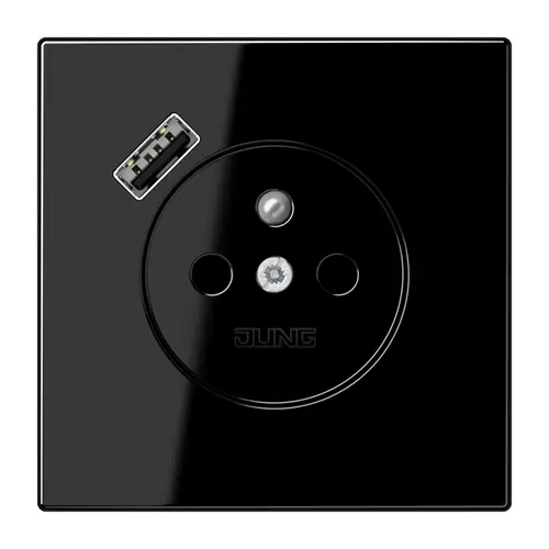 JUNG LS 1520 F-18 A SW wandcontactdoos penaarde Safety+ met USB type A LS990 zwart glans