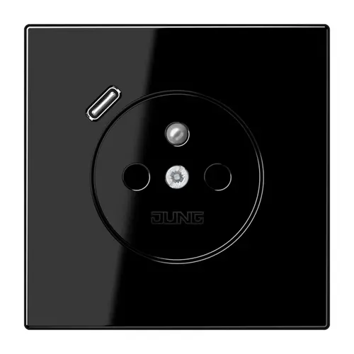 JUNG LS 1520 F-18 C SW wandcontactdoos penaarde Safety+ met USB type C LS990 zwart glans