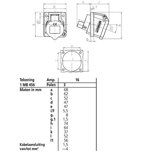Mennekes CEE 851 inbouwcontactdoos CEE 3-polig 16A 230V 6h flens 68x62mm IP44