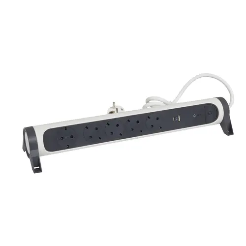 Legrand 694510 stekkerdoos met schakelaar overspanningsbeveiliging en 1,5 m snoer 5x wcd 1x USB-A en 1x USB-C wit/donkergrijs