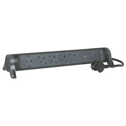 Legrand 694514 stekkerdoos met schakelaar overspanningsbeveiliging en 1,5 m snoer 5x wcd 1x USB-A en 1x USB-C zwart/donkergrijs