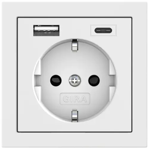 Gira 245970 wandcontactdoos randaarde USB-A en USB-C met verhoogde aanraakbeveiliging F100 wit glans