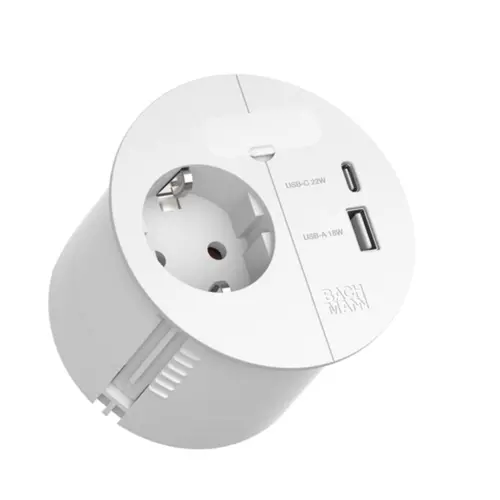 Bachmann 938.303 inbouwstopcontact rond 80mm met randaarde + USB-A/C en 0,2m GST o.g. kabel wit