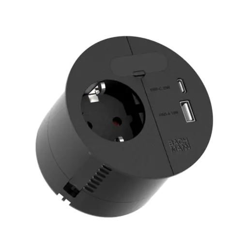 Bachmann 938.201 inbouwstopcontact rond 80mm met randaarde + USB-A/C en 2m snoer met RA-stekker zwart