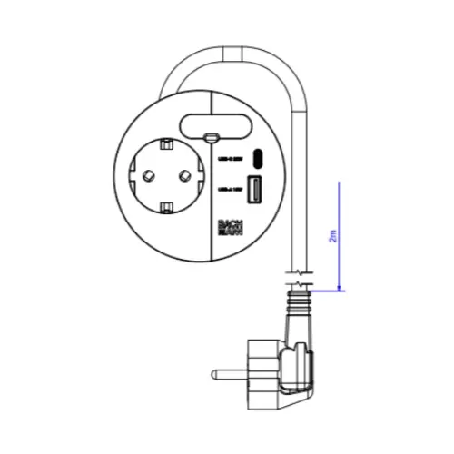Bachmann 938.201 inbouwstopcontact rond 80mm met randaarde + USB-A/C en 2m snoer met RA-stekker zwart