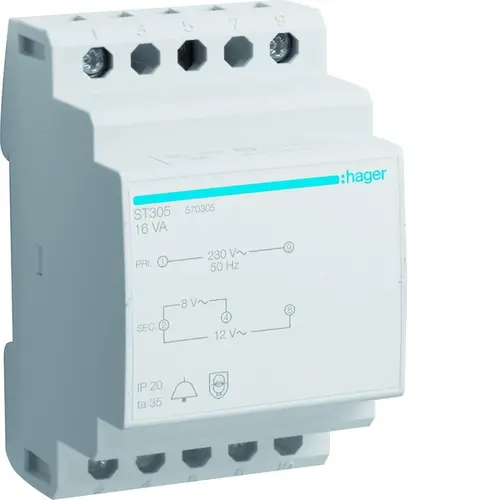 Hager ST305 beltransformator 8V/12VAC 16VA