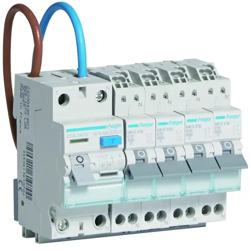 Hager VKS04COMBI combinatie 1x aardlekschakelaar 40A 2P 30mA + 4x installatieautomaat 16A B-karakteristiek