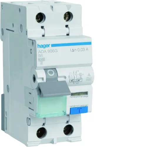 Hager ADA906G aardlekautomaat 1P+N 6A 30mA B-karakteristiek 6kA
