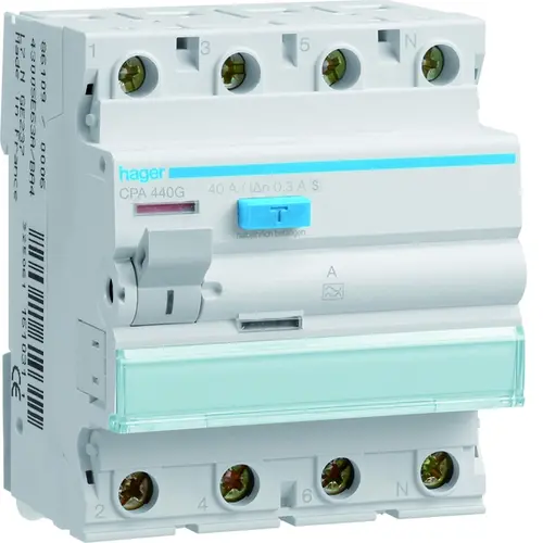 Hager CPA440G aardlekschakelaar 40A 4-polig 300mA type-A selectieve bescherming