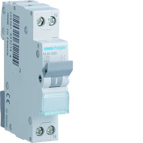 Hager MJN520 installatieautomaat 1p+N 20A C-karakteristiek 4,5kA