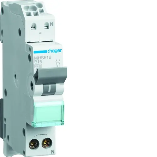 Hager MHS516 installatieautomaat 1p+N 16A B-karakteristiek 4,5kA Quickconnect