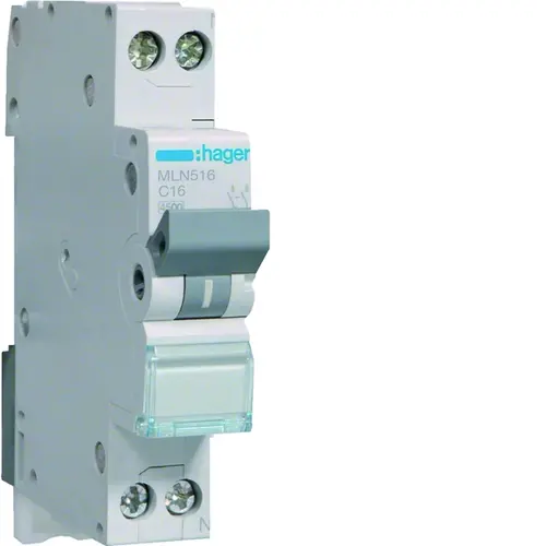 Hager MLN516 installatieautomaat 1p+N 16A C-karakteristiek 6kA