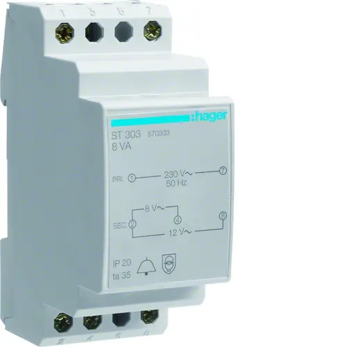 Hager ST303 beltransformator 8V/12VAC 0.65/1A 8VA