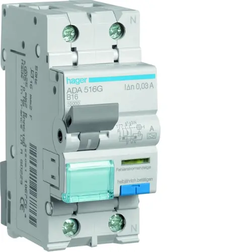 Hager ADA516G aardlekautomaat 16A 1p+N 30mA B-karakteristiek 10kA Klasse-A