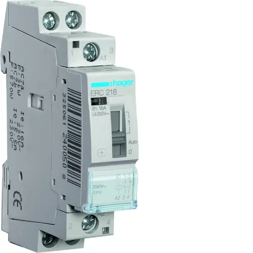 Hager ERC218 magneetschakelaar 16A 230V 1xmaak - 1xverbreekcontact met handbediening