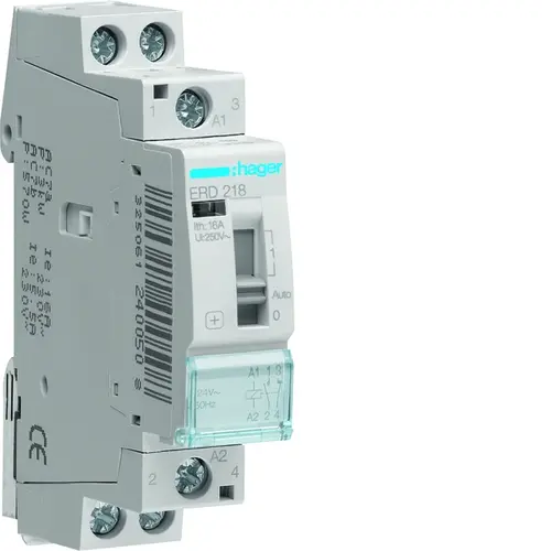 Hager ERD218 magneetschakelaar 16A 24V AC 1x maak - 1x verbreekcontact met handbediening 50Hz.