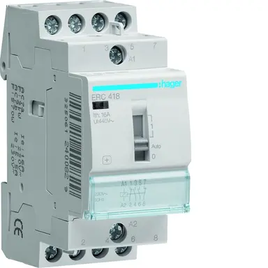 Hager ERC418 magneetschakelaar 16A 230V AC 2x maak + 2x verbreek contacten met handbediening 50Hz.