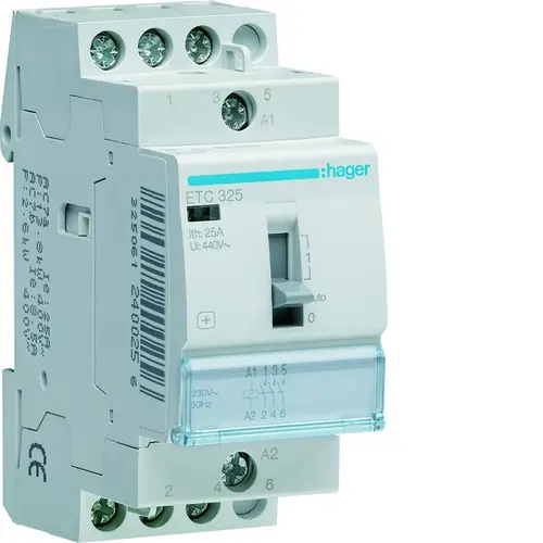 Hager ETC325 magneetschakelaar met handbediening en auto reset 3 maak-contacten 25A 230V