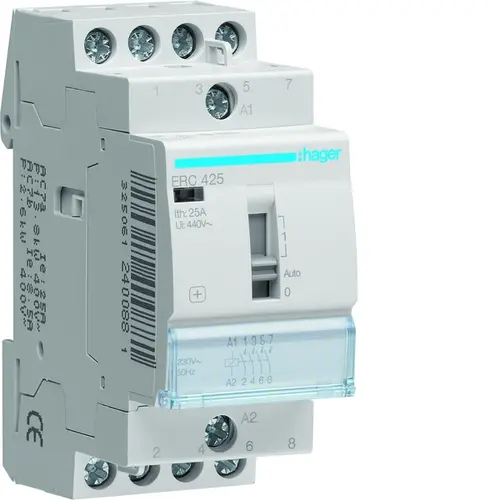 Hager ERC425 magneetschakelaar 25A 4x maakcontact 230V AC 50hz met handbediening