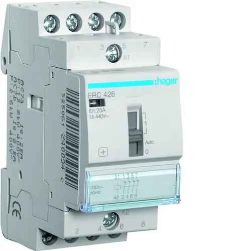 Hager ERC426 magneetschakelaar 25A 230V AC 4x verbreek contact met handbediening 50Hz.