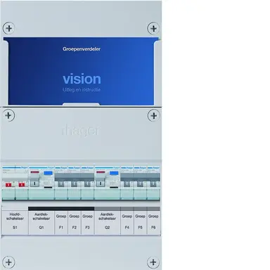 Hager VKG33B Vision groepenkast 1 fase 6 groepen 2 aardlekschakelaars en hoofdschakelaar 365x220 kast