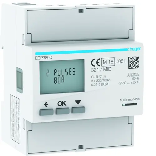 Hager ECP380D kWh-meter 3F 80A S0 DIR 4M