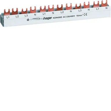 Hager KDN450D kamrail 3-polig met nul 16mm² voor 12 modulen