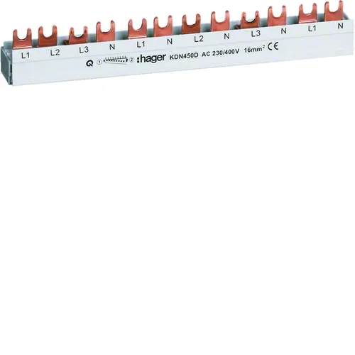 Hager KDN450D kamrail 3-polig met nul 16mm² voor 12 modulen