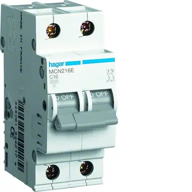 Hager MCN216E installatieautomaat 2p+N 16A C-karakteristiek 6kA