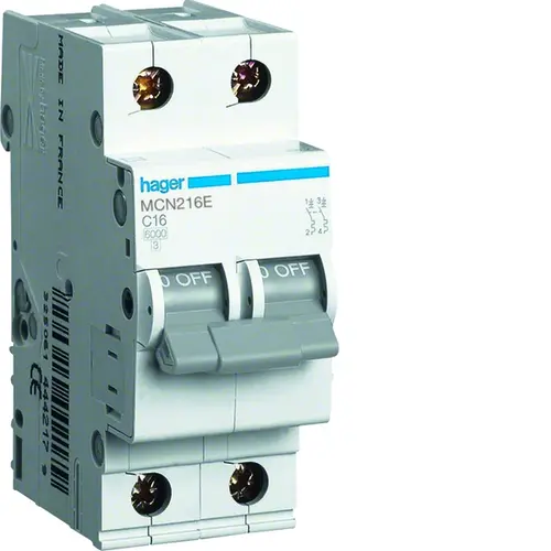Hager MCN216E installatieautomaat 2p+N 16A C-karakteristiek 6kA