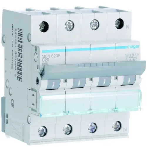Hager MCN620E installatieautomaat 3p+N 20A C-karakteristiek 6kA