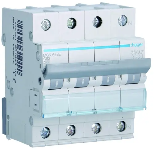 Hager MCN663E installatieautomaat 3p+N 63A C-karakteristiek 6kA