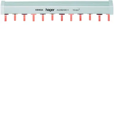 Hager KB463A kamrail stift 4-polig 63A 10mm2 voor 3 automaten 4-polig