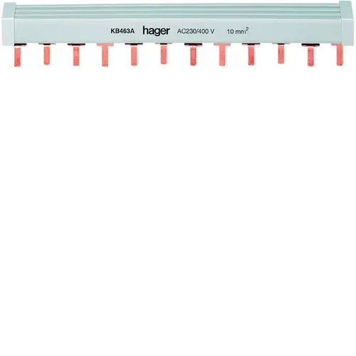 Hager KB463A kamrail stift 4-polig 63A 10mm2 voor 3 automaten 4-polig